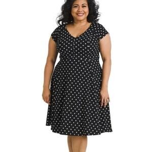 Modcloth Polka Dot Fit& Flare Dress Size S Black White V Neck Cap Sleeve